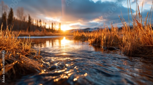 This serene landscape captures a breathtaking sunset reflecting on calm waters, framed by glimmers of golden grass, inviting a sense of peace and tranquility.