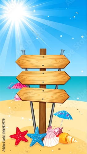 Wooden beach sign, sun, sea