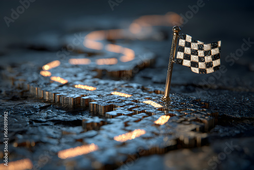Winding puzzle road with dashed lines and checkered lag on dark textured backgound. Symbol of racing, fiish line, and journey.