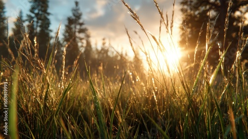 This serene image showcases a golden field of grass illuminated by the soft glow of sunlight, capturing the essence of nature's beauty and tranquility in a moment of stillness.