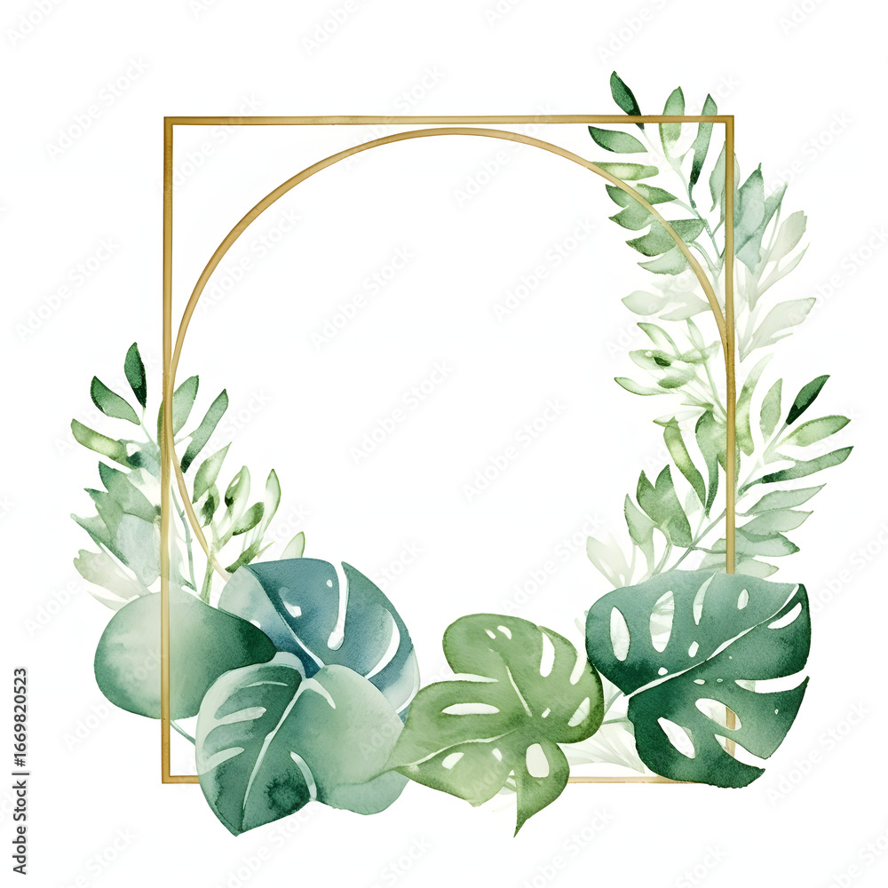 Naklejka premium Elegant Greenery Watercolor Frame with Soft Golden Border, Fresh Botanical Design for Wedding Invitations and Elegant Stationery
