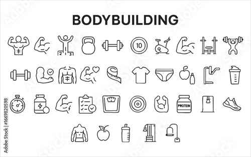 a set of vector outline icons related to bodybuilding and fitness.