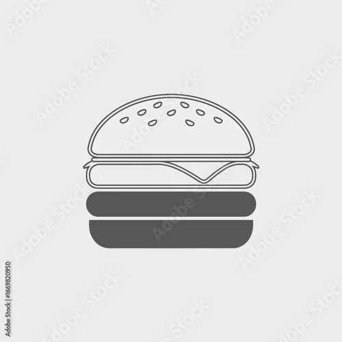 Burger icon with sesame seeds on a bun, cheese, and meat.