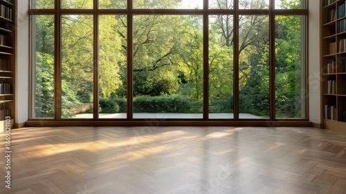 Spacious room featuring wooden floor and large windows with lush greenery and nature views outside