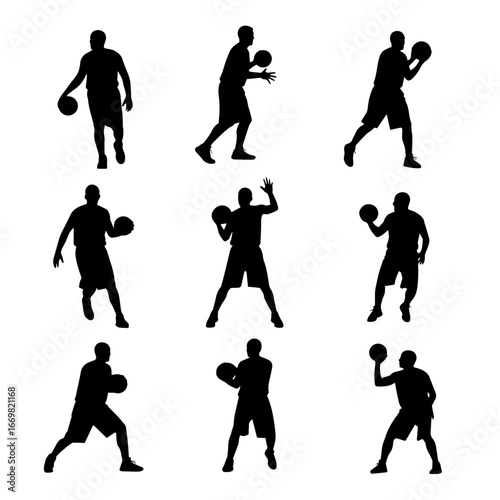Vector silhouettes set of men and women basketball players running with ball, plus other sports illustrations