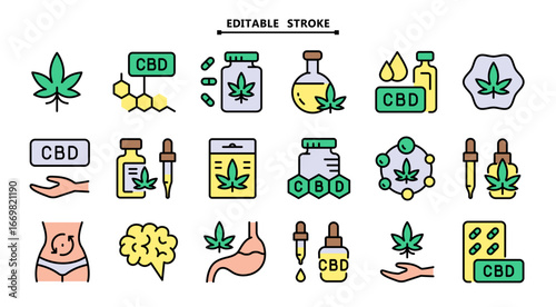 Open hand with marijuana leaf icons set. Editable stroke. Cannabidiol icons collection. Cannabis legalization. Simple symbols. Vector isolated drawing