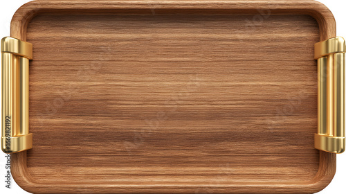 Fototapeta Naklejka Na Ścianę i Meble -  Wooden Serving Tray with Gold Handles 3d rendered, isolated on transparent background