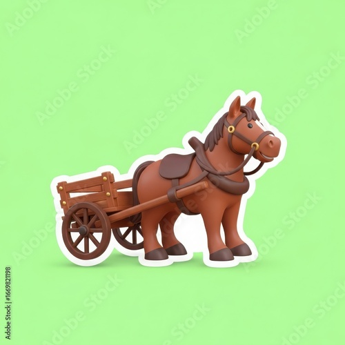 3d icon of a horse is pulling a cart, depicted as a vintage sticker design