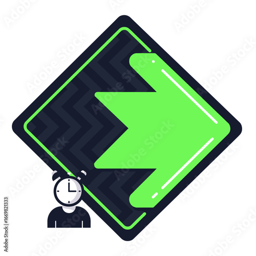 Diamond shaped green arrow with clock