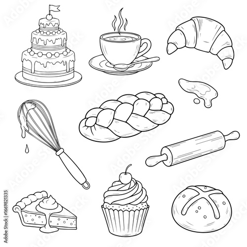 set of cakes and sweets