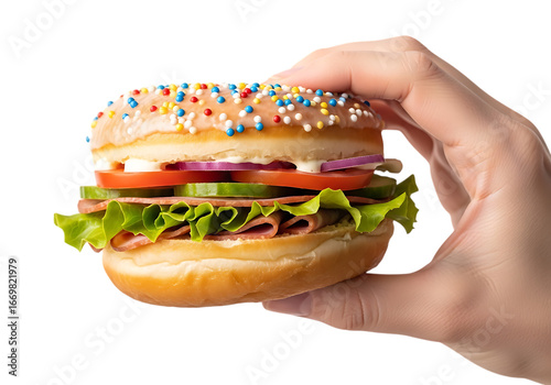 Hand holding a donut burger with sprinkles isolated on transparent background