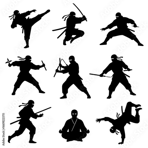 Ninja Martial Arts Silhouettes: Dynamic Kicks, Weapons, and Combat Poses for Action Scenes