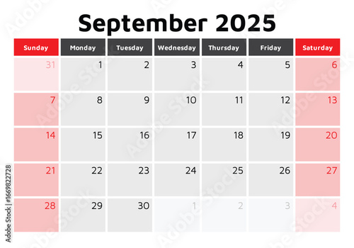 2025 september calendar. A vector English autumn monthly calendars. Design Sunday start