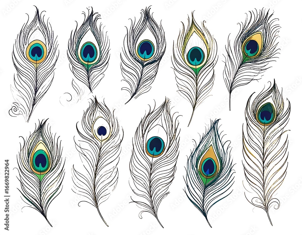 Obraz premium Collection of detailed peacock feather illustrations