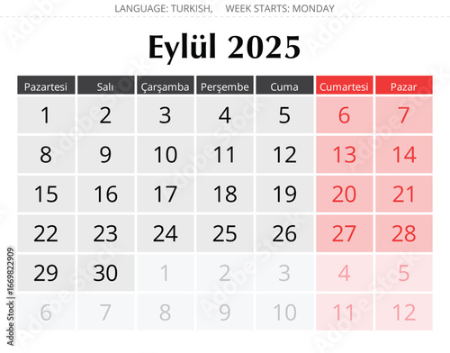 Turkish calendar for month september 2025 - takvim. Vector illustration Turkey