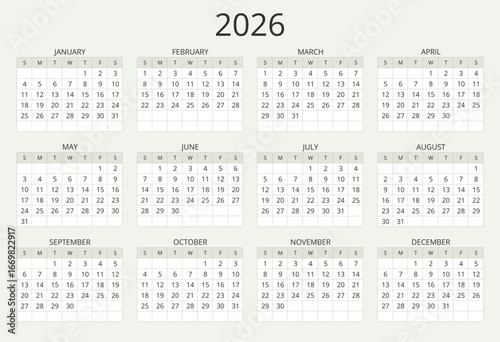 Year 2026 english modern vector calendar 12 months (week starts sunday)