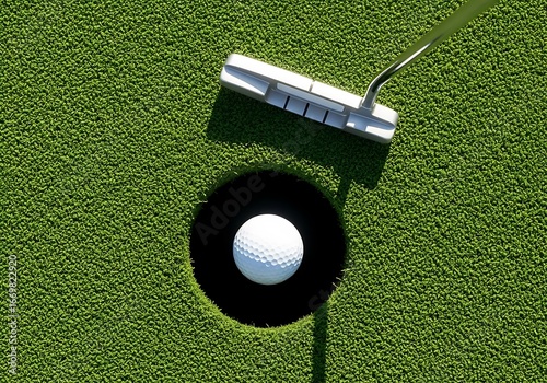 A golf putter rests above a white golf ball positioned in the cup of a putting green.