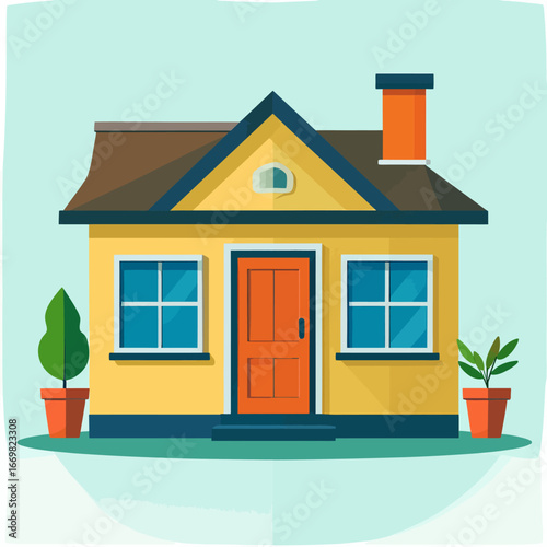 Minimal yellow cottage with chimney flat vector