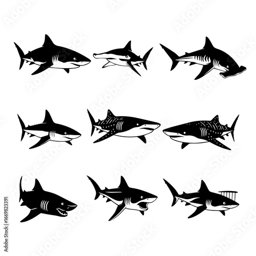 vector silhouettes of sharks