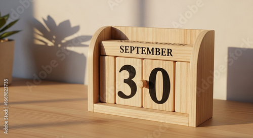 A wooden block calendar showing september thirtieth sitting on a table with a plant nearby casting shadows on transparent background