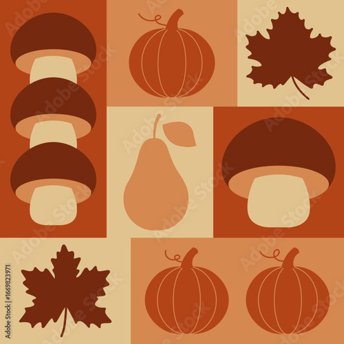 Geometric autumn seamless design mushrooms pumpkins leaf