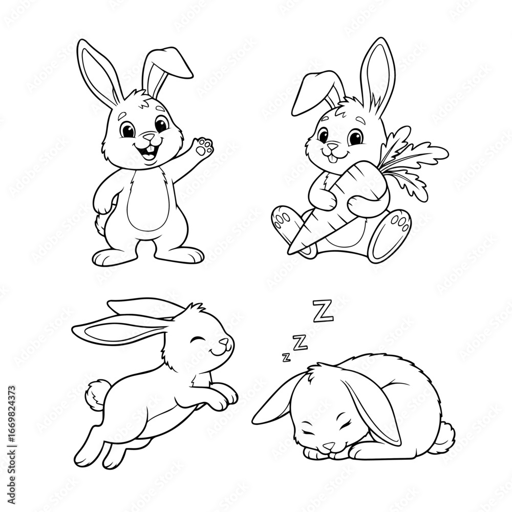 Cute Bunny Line Art: Whimsical line art of adorable bunnies in various poses, including sitting, running, holding a carrot, and sleeping. This charming artwork evokes feelings of joy and playfulness.