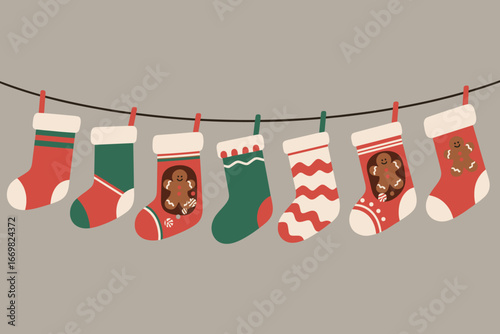 Christmas Stockings Hanging on a String with Gingerbread Men