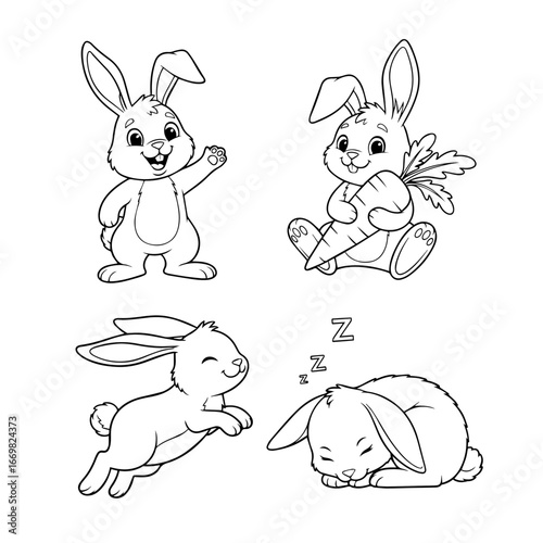 Cute Bunny Line Art: Whimsical line art of adorable bunnies in various poses, including sitting, running, holding a carrot, and sleeping. This charming artwork evokes feelings of joy and playfulness.