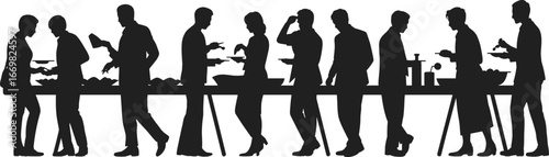 Business professionals in silhouette at buffet table, serving food during corporate lunch event, teamwork, office social gathering, vector illustration.