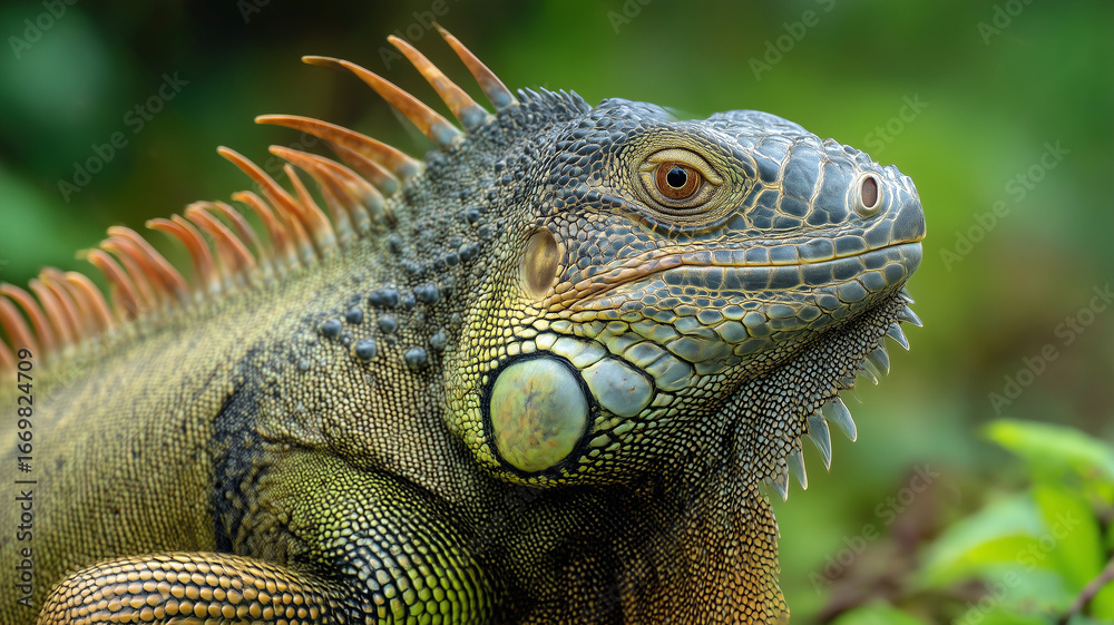 Fototapeta premium Close-up of iguana with detailed textured scales on natural green background. AI generated