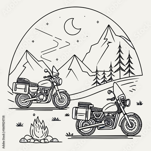 Motorcycle camping adventure in mountains, campfire and bikes vector scene