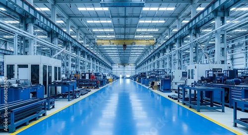 A spacious industrial facility boasts a clean, modern layout, showcasing numerous blue machinery units arranged along a wide, bright blue floor.