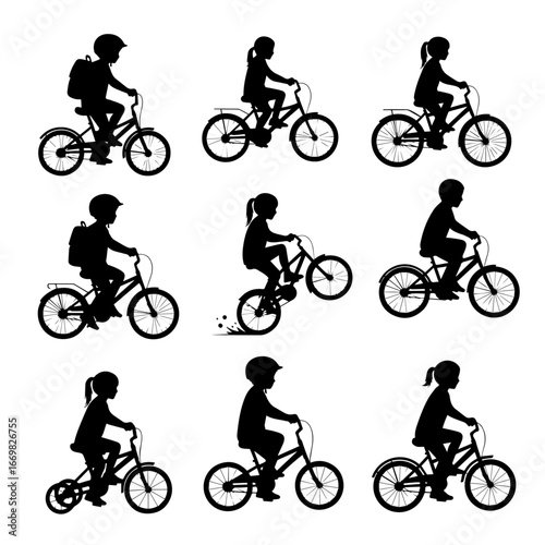 Silhouette of cyclists riding vintage bicycles in a vector design