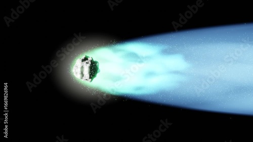 Comet with greenish core and a blue tail with ice particles falling off, on the black background so it can be overlayed over any image or other video using 