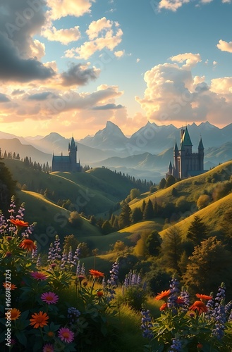 Dreamlike Fantasy World with Lush Foliage, Wildflowers, and Golden Lighting