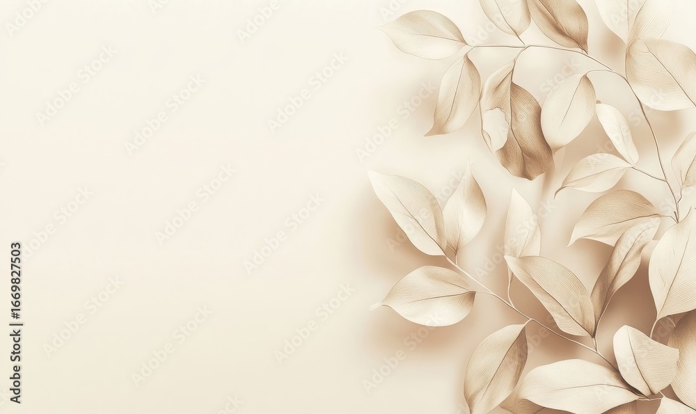 Fototapeta premium Leaves background in aesthetic minimalism style, featuring soft pastel neutral colors and beige elements, ideal for social media use. This design adds a touch of sophistication, Generative AI