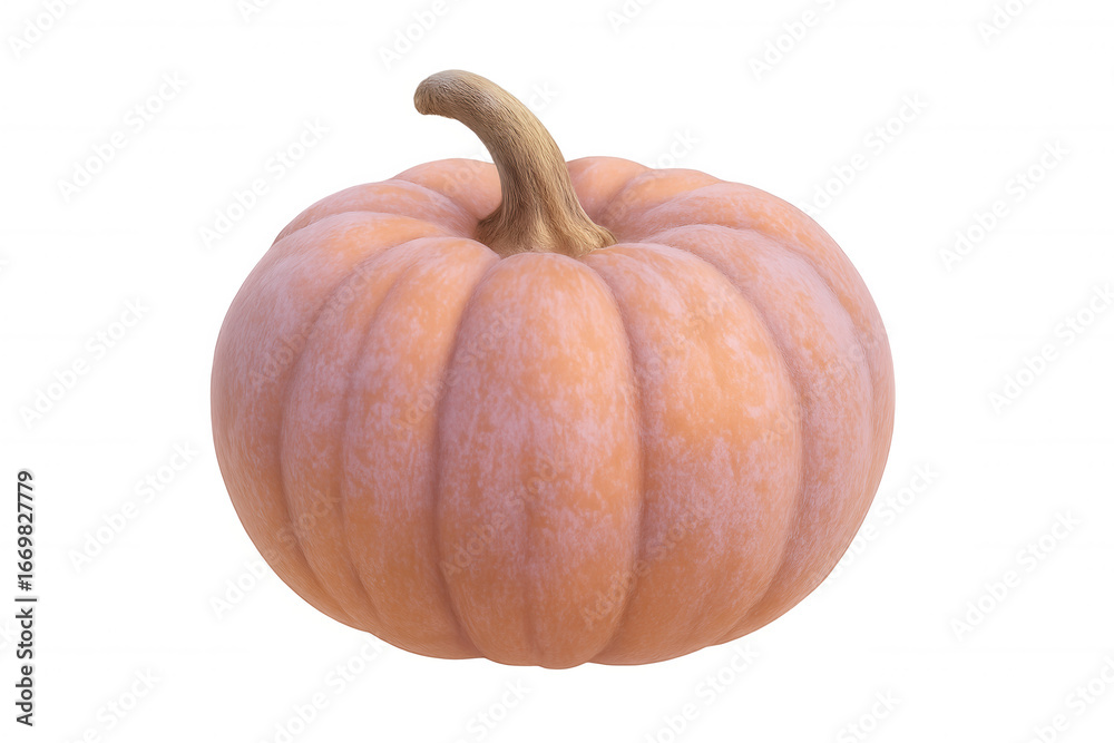 Obraz premium Realistic 3d pumpkin rendering, ripe orange gourd with curved stem, transparent background, ideal autumn graphic element