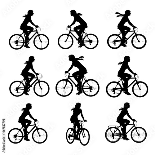 Riding Through the City: A striking collection of silhouettes capturing the spirit of cycling, featuring elegant bicycle riders on their journey through urban landscapes.