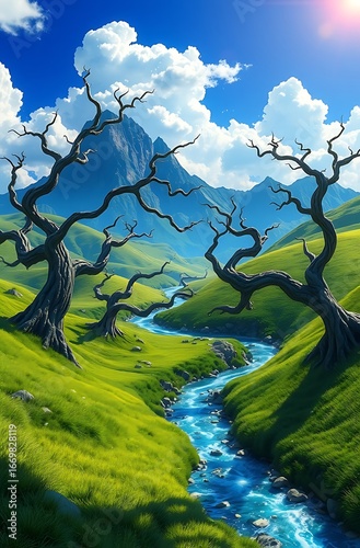 Vibrant Fantasy Landscape with Emerald Hills, Crystal River, and Majestic Mountains