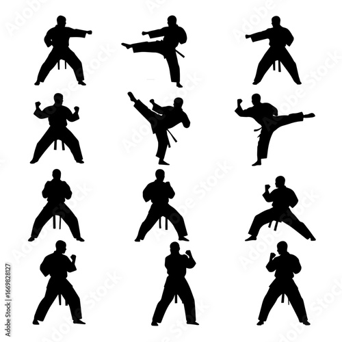 Vector art of silhouettes of a karate practitioner in various fighting stances and moves	