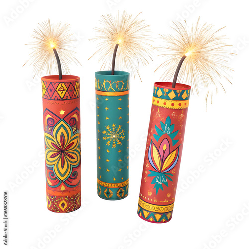 Three Colorful Diwali Firecrackers with Illuminated Fuses Isolated on White Background Festive Indian Patterned Cylindrical Fireworks 3 D Render