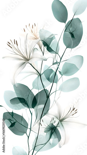 Abstract Watercolor Lilies and Eucalyptus on Black