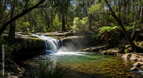 Serene Forest Waterfall with Lush Greenery and Sunlight.