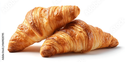 Two golden brown croissants stacked on a white background isolated on white background