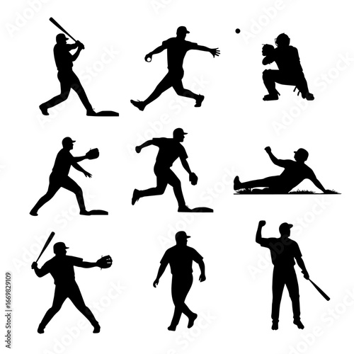 Baseball Silhouette Collection: A dynamic display of baseball players in various action poses, capturing the essence of the game.