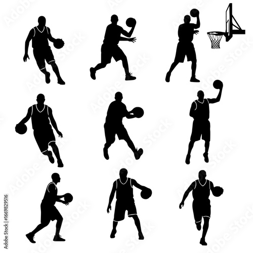 People playing basketball in different poses. Large set of black silhouettes of women and men playing with a ball	