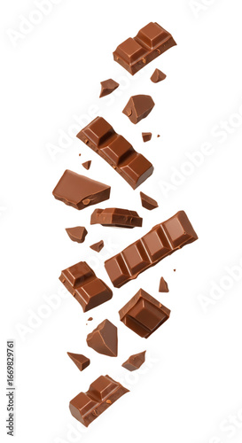 Pieces of milk chocolate bar falling isolated on transparent background