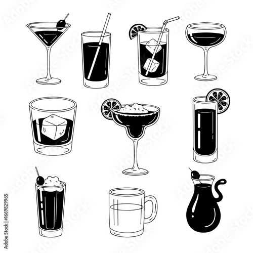 cocktail glasses drinks alcohol bar icons set vector. iced wine martini, party vodka cup, margarita drink, mojito juice, champagne lemon cocktail glass, bar alcohol drink black illustration