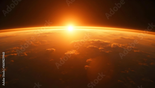 3D View of Earth with Oceans, Clouds, and Sunrise in Space