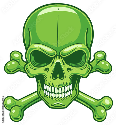 Green Skull and Crossbones Symbolizes Danger Warning or Hazard Cartoon Style Illustration